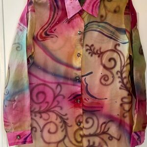 Sandy Starkman Silk Art to Wear Sheer Pink Gold Swirl Button-Up Blouse Tunic